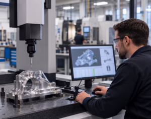 Borg Design man reviewing part using CMM machine